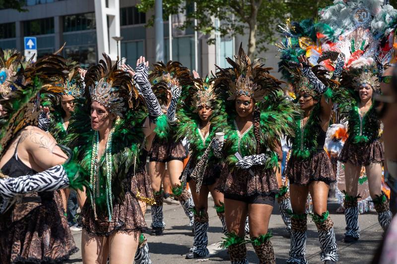 Een formatie dansers met groene verentooien en zebraprint loopt samen over straat.