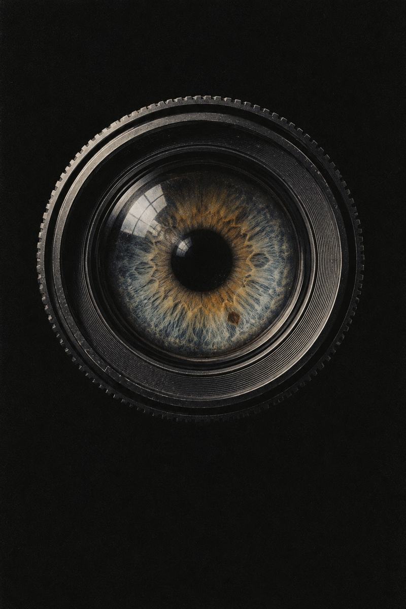 Een cameralens van voren, met in plaats van glas een menselijk oog: iris en pupil midden in de lens.
