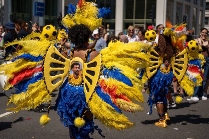Dansers in gele, blauwe en rode vlinderkostuums van veren lopen door de straat tijdens het Zomercarnaval.